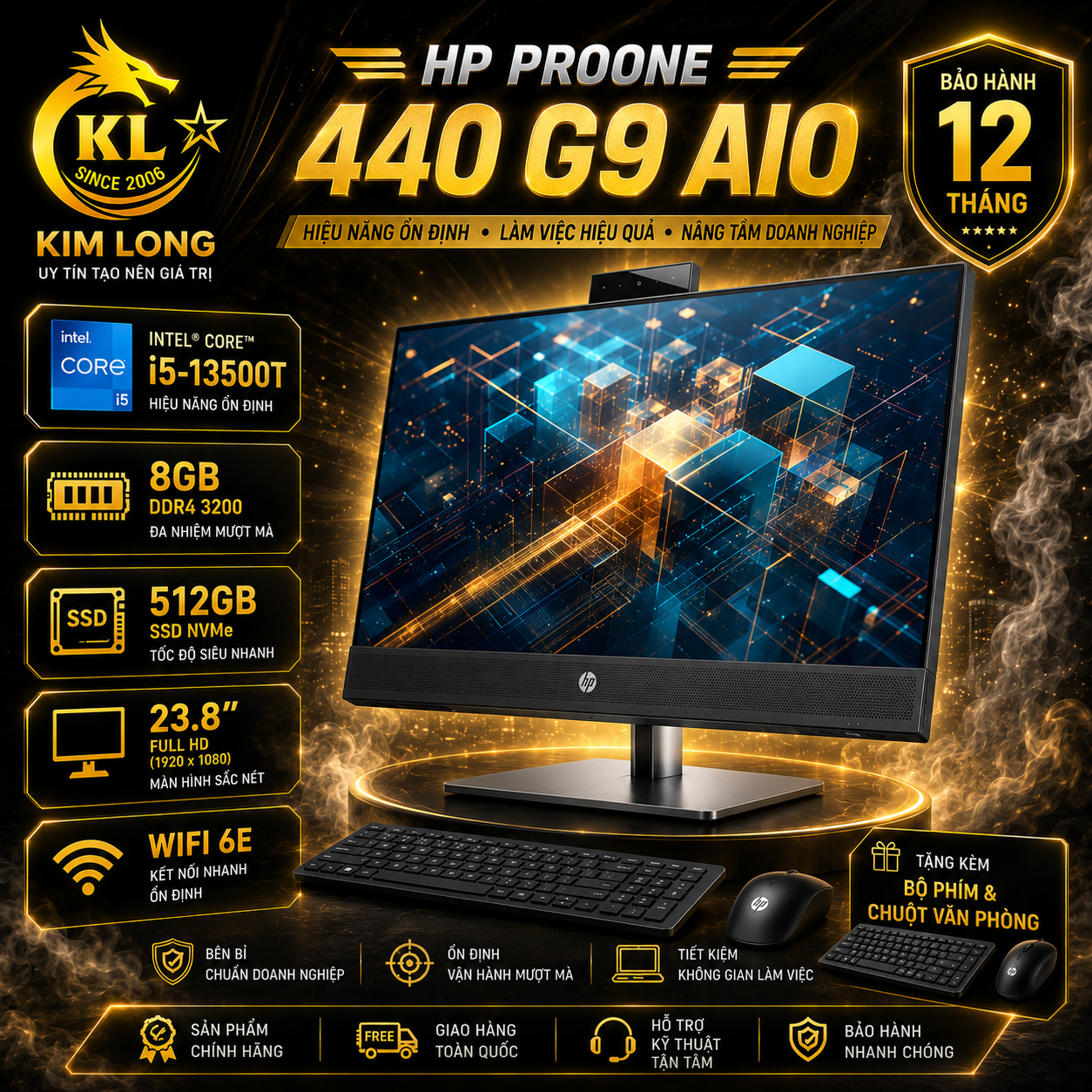 HP ProOne 440 G9 AIO, Intel Core i5 13500T, 8GB DDR4 3200, SSD 512GB, 23.8 Inch FHD Non-Touch, USB Mouse & Keyboard, W11H, 1Y Onsite