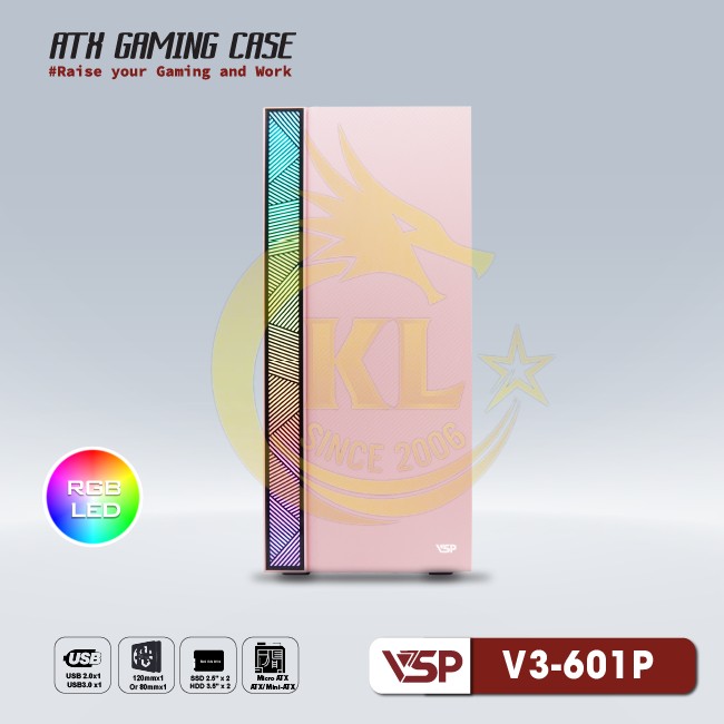 Thùng máy Case VSP Gaming V3-601P Pink (No Fan)