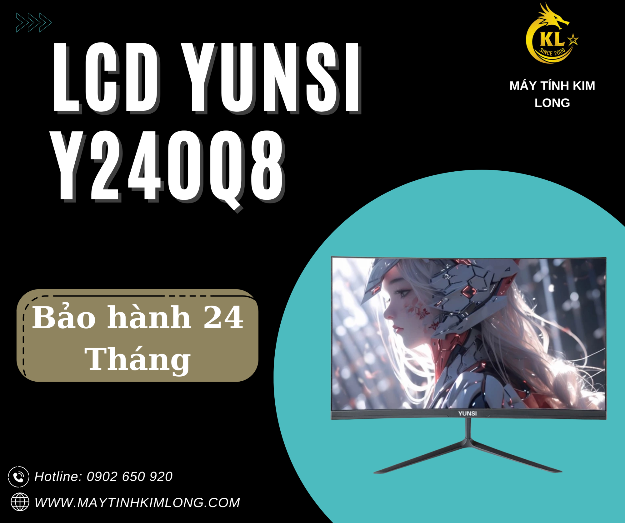Yunsi Y240Q8 Cong (23.8, FHD, 100Hz, 1ms, DP, HDMI) - Màu Đen