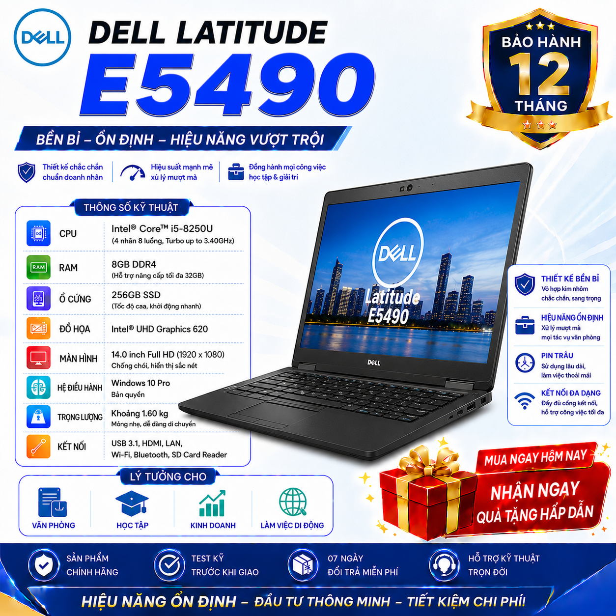 Laptop Dell Latitude E5490/I5-8250u/Ram 8GB/SSD 256GB/14 Full HD