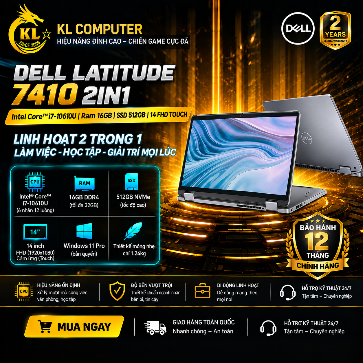 Dell Latitude 7410 2in1 Core™ i7-10610U, Ram 16GB , SSD 512GB ,14 FHD TOUCH