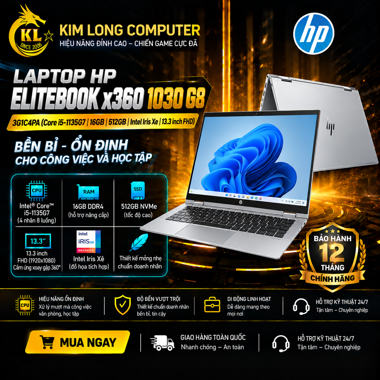 Laptop HP EliteBook x360 1030 G8 3G1C4PA (Core I5-1135G7 | 16GB | 512GB | Intel Iris Xe | 13.3 inch FHD | Cảm ứng)