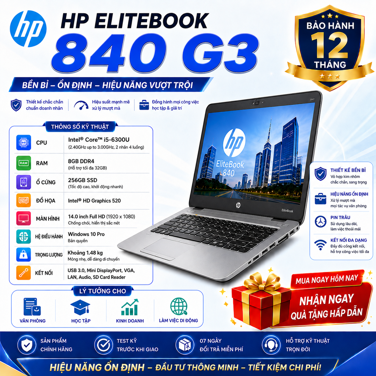 Laptop HP Elitebook 840 G3/i5-6300U/Ram 8GB/SSD 256GB