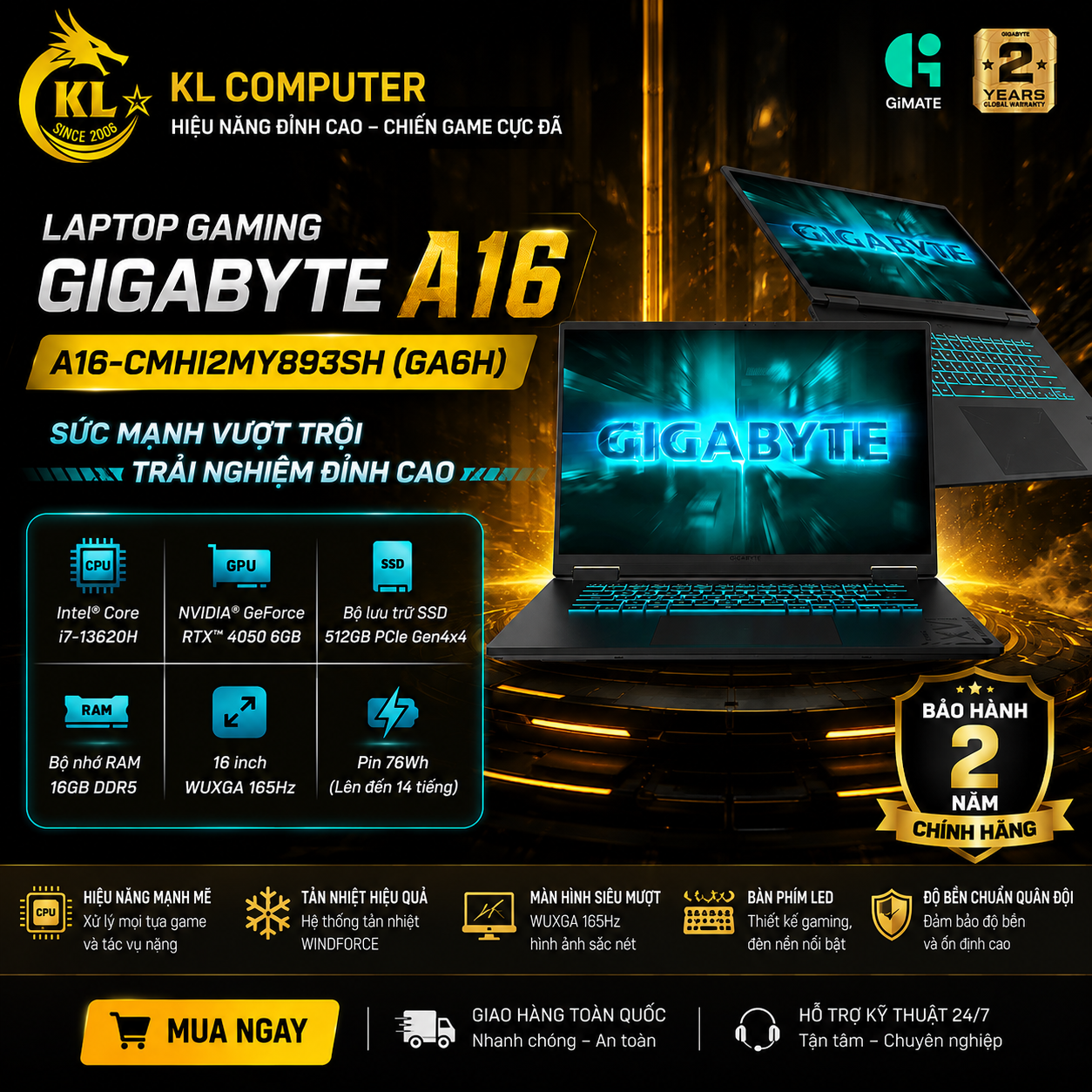 Laptop Gigabyte Gaming A16 CMHH2VN893SH (Intel Core i5-13420H | RTX 4050 6GB | 16GB | 512GB | 16 inch WUXGA 165Hz | Win 11 Home SL )