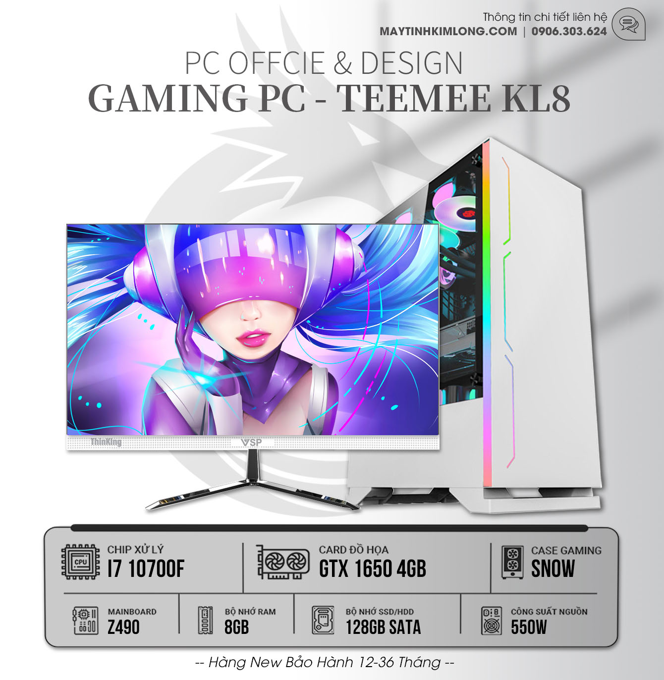 PC Gaming KL8 - Core i7 10700F/DDR4 8GB/SSD128GB/GTX1650 4G/PSU 550W/Main Z490