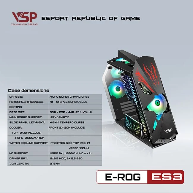 Thùng máy Case VSP ESPORT ROG ES3 Gaming | Đen, Không Kèm Fan